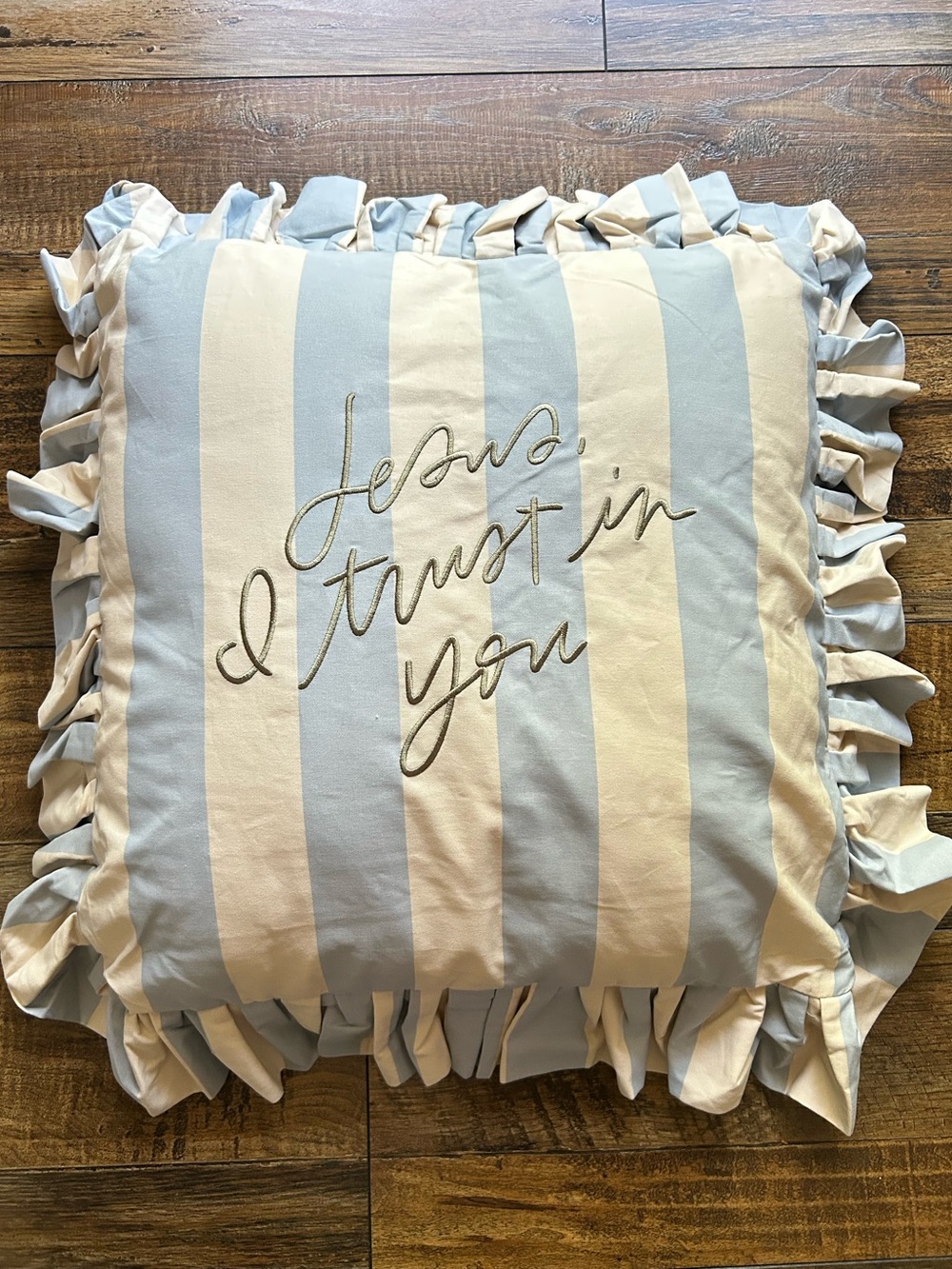 Be a Heart Trust in Jesus pillow striped light blue and cream embroidered NWT